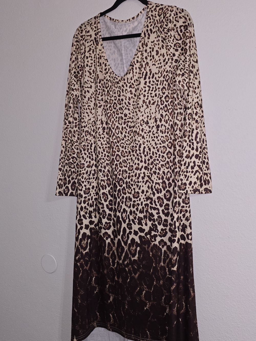 Leopard Print Long Sleeve V-Neck Dress - Brown/Cream